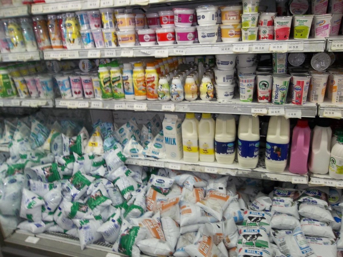Over priced milk and yoghurts and other milk products in a Nairobi supermarket