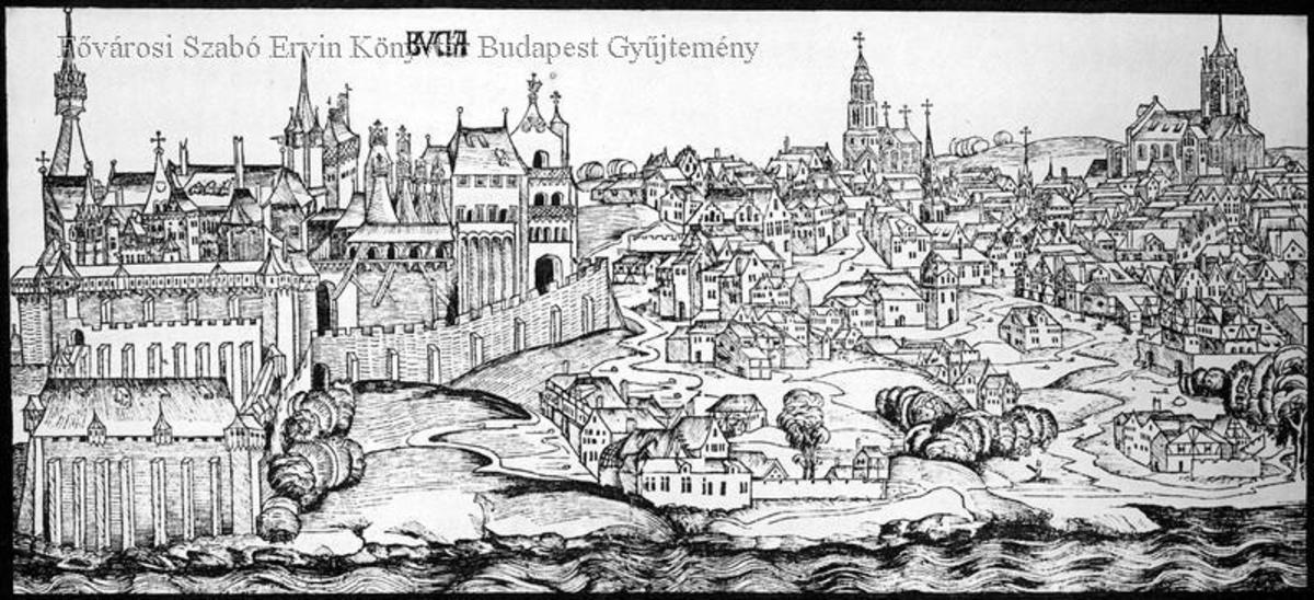 A drawing of Buda Castle during medieval times. 