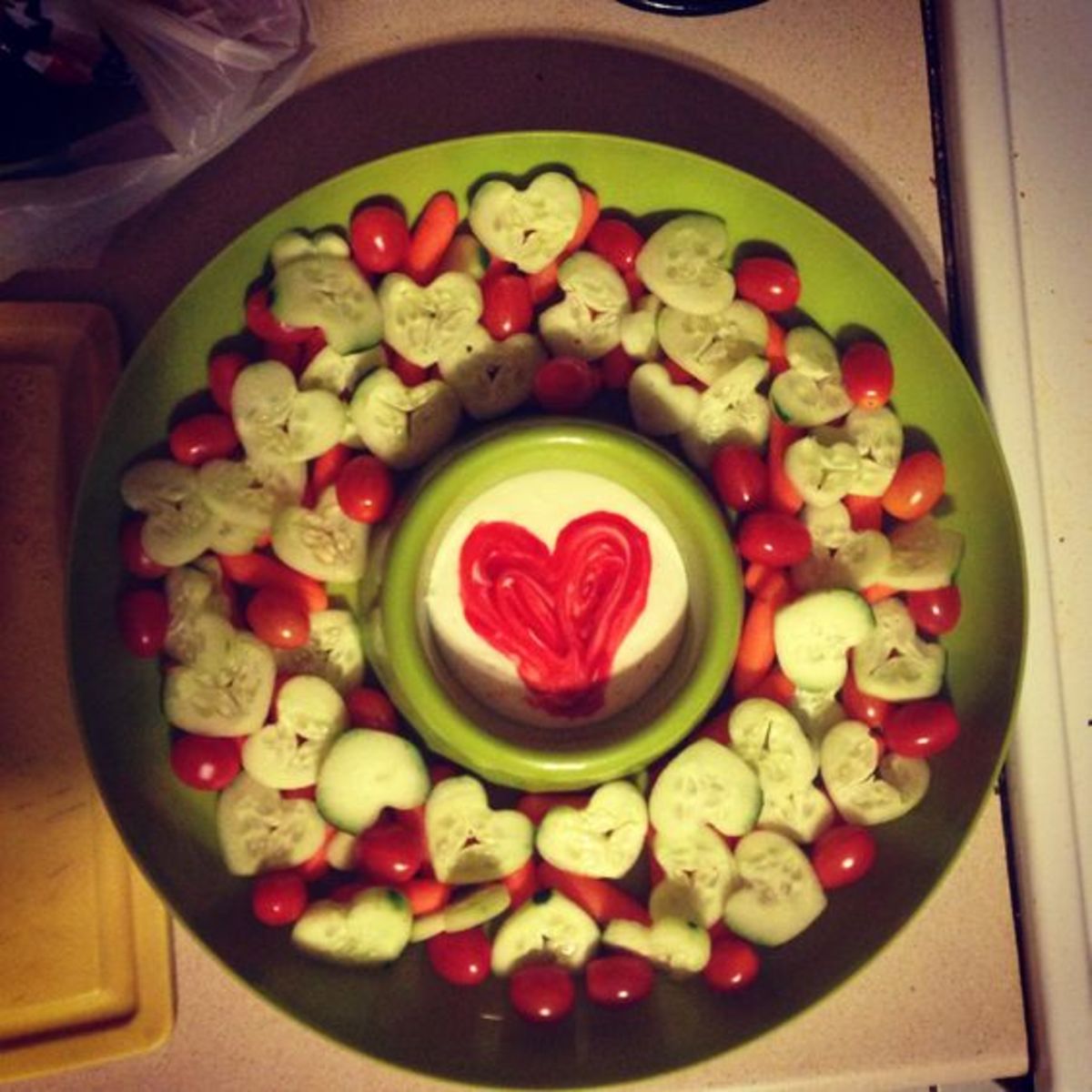 Valentine veggie tray! Cookie cutter the cucumbers
