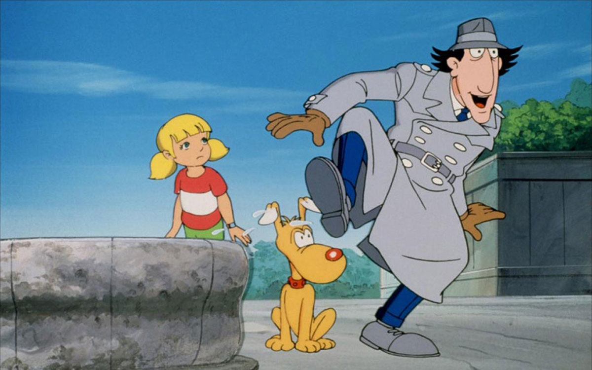 Inspector Gadget makes his exit from the fountain after reading the message from Chief Quimby.