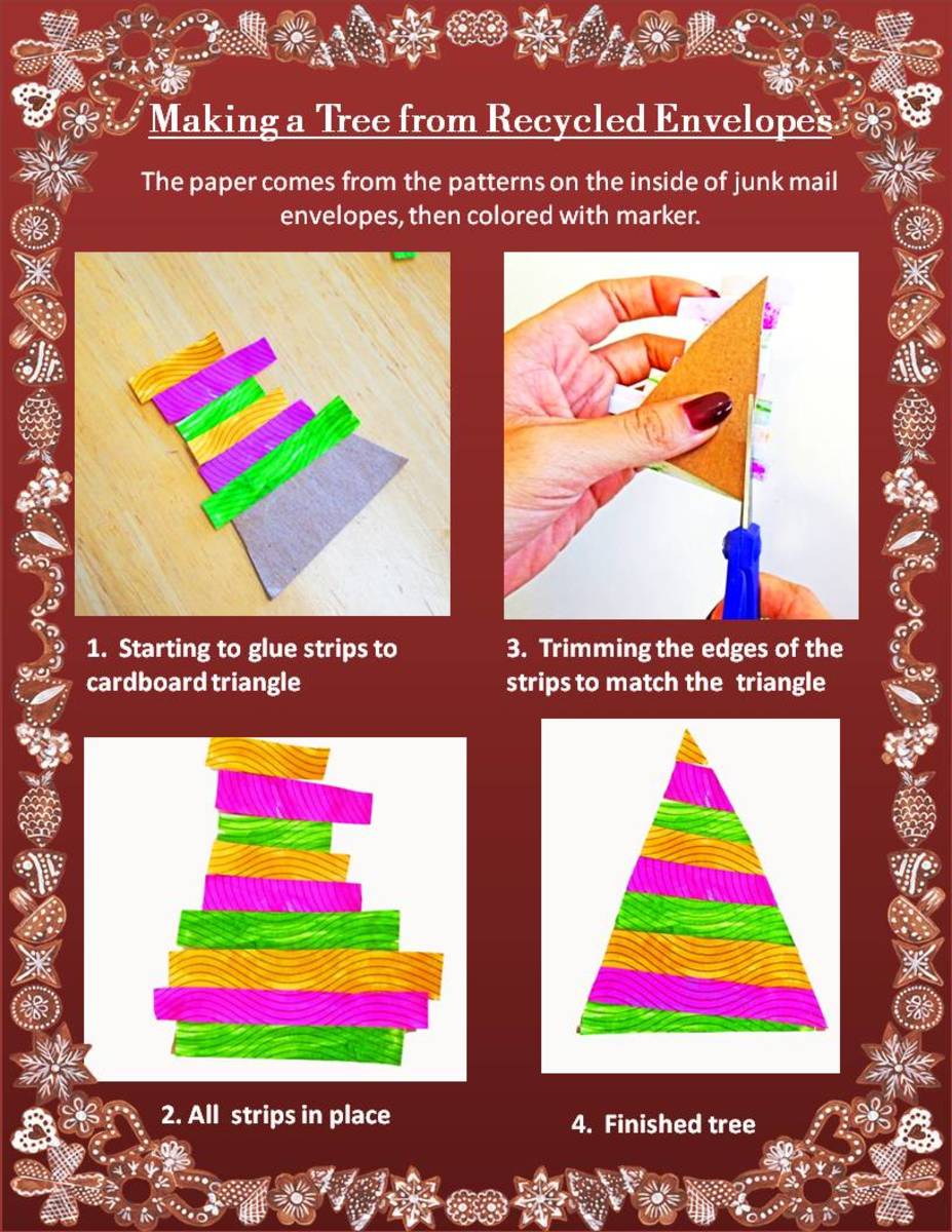 You can make this first type of tree by gluing your colored paper strips to a cardboard triangle, and trilmming the edges.