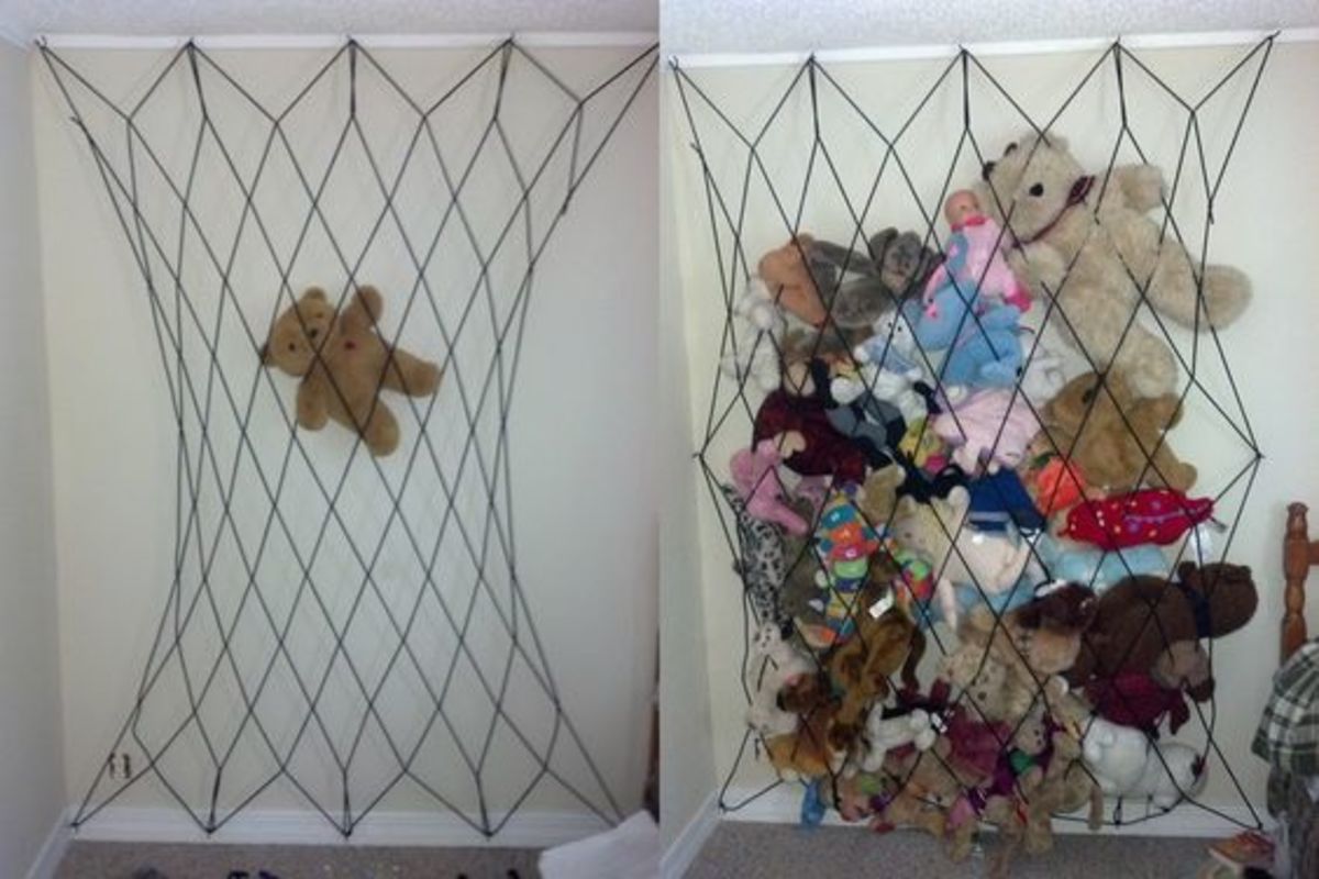 Use a pickup truck bungee net to manage all those stuffed animals. Use rubberized cup hooks to attach it to the wall for 5' x 7' of "cargo management." It comes with 20 bungee hooks that work great for hanging backpacks and hats from the net.