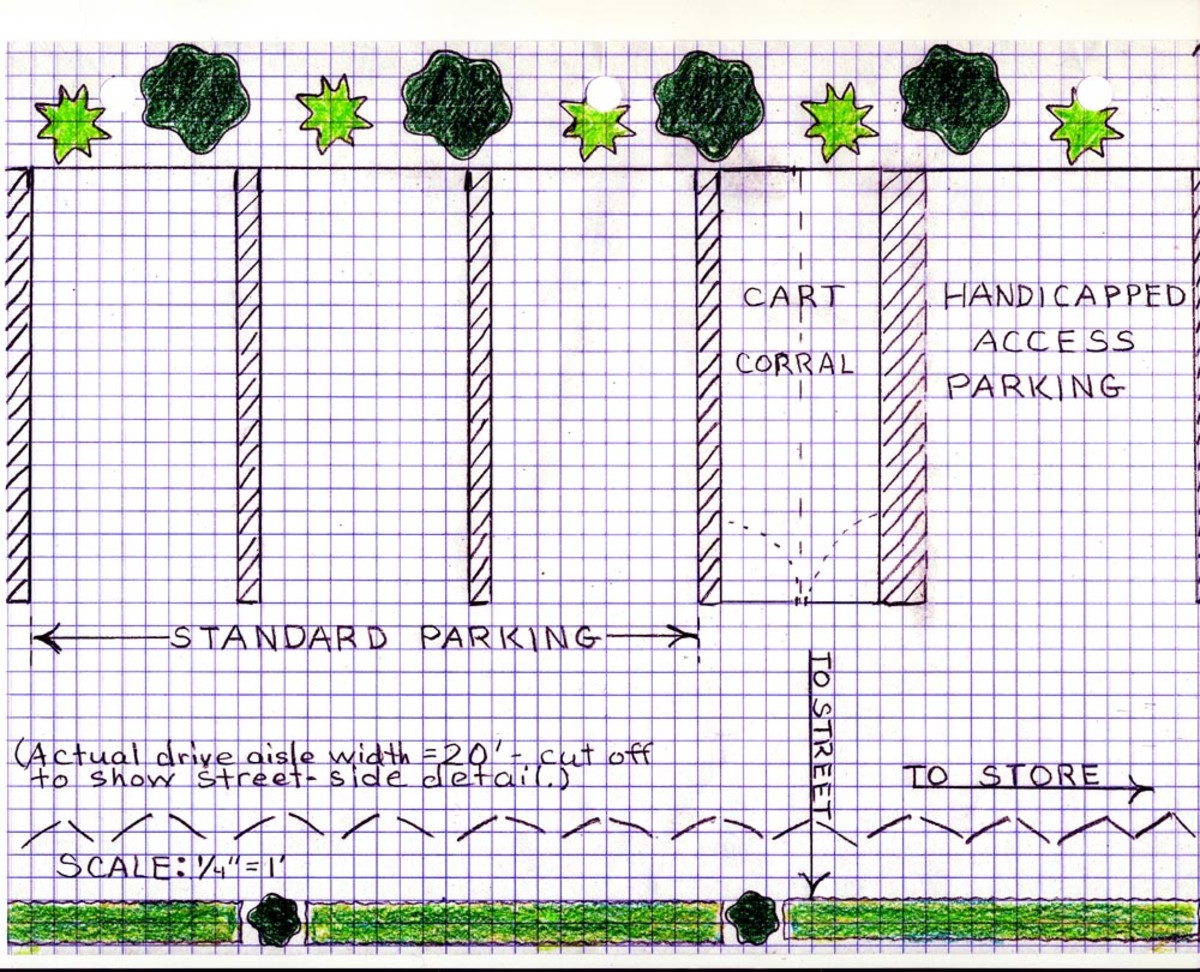 Suggested design, with plantings between the rows of stalls, instead of between individual parking spots