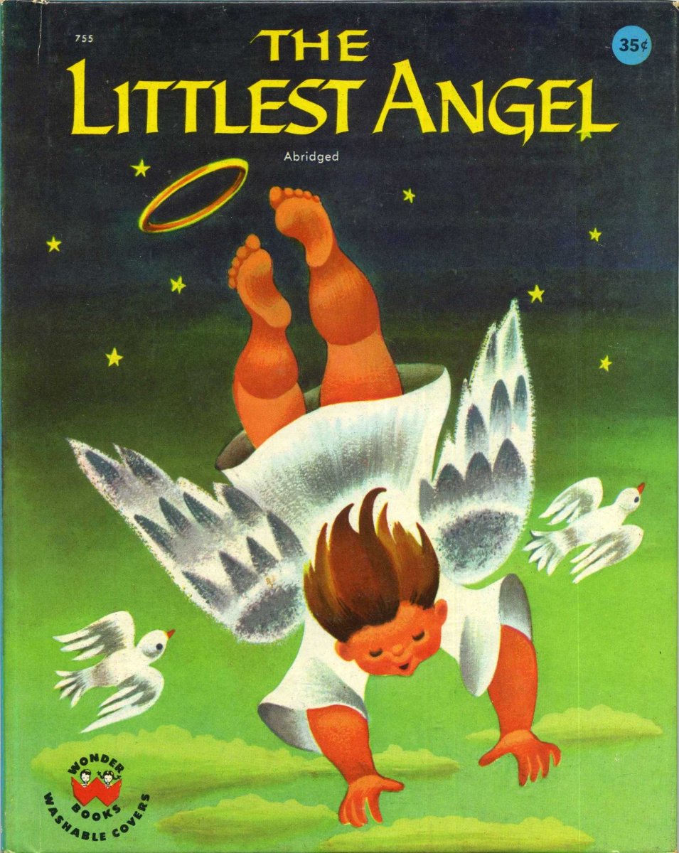 1960年凯瑟琳·埃文斯绘制的《最小的天使》，Wonder Books，删节版。这个版本描绘了最小的天使从云层中坠落，头顶上的光环。＂decoding=