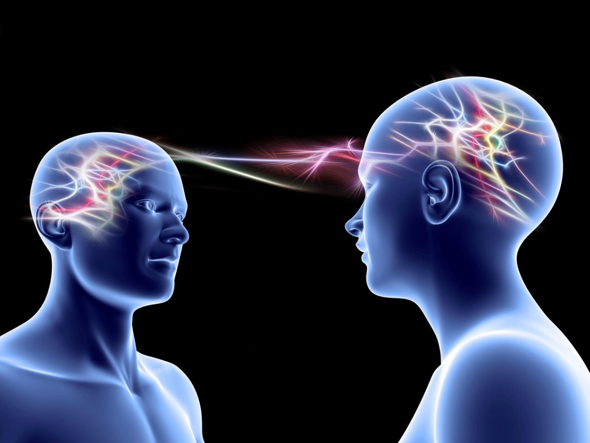 Illustration shows the transmition of messages from one' s mind to another using only the brain