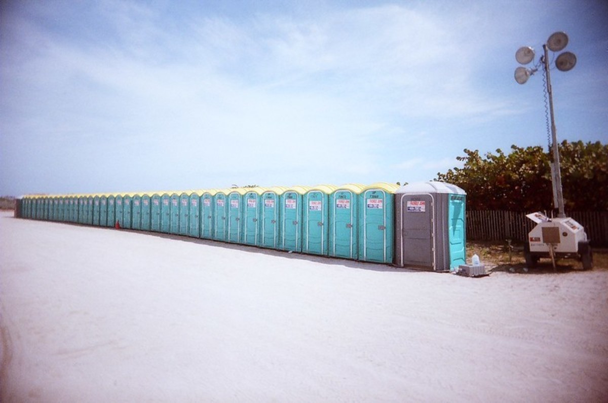 This row of porta-potties is on a public beach.