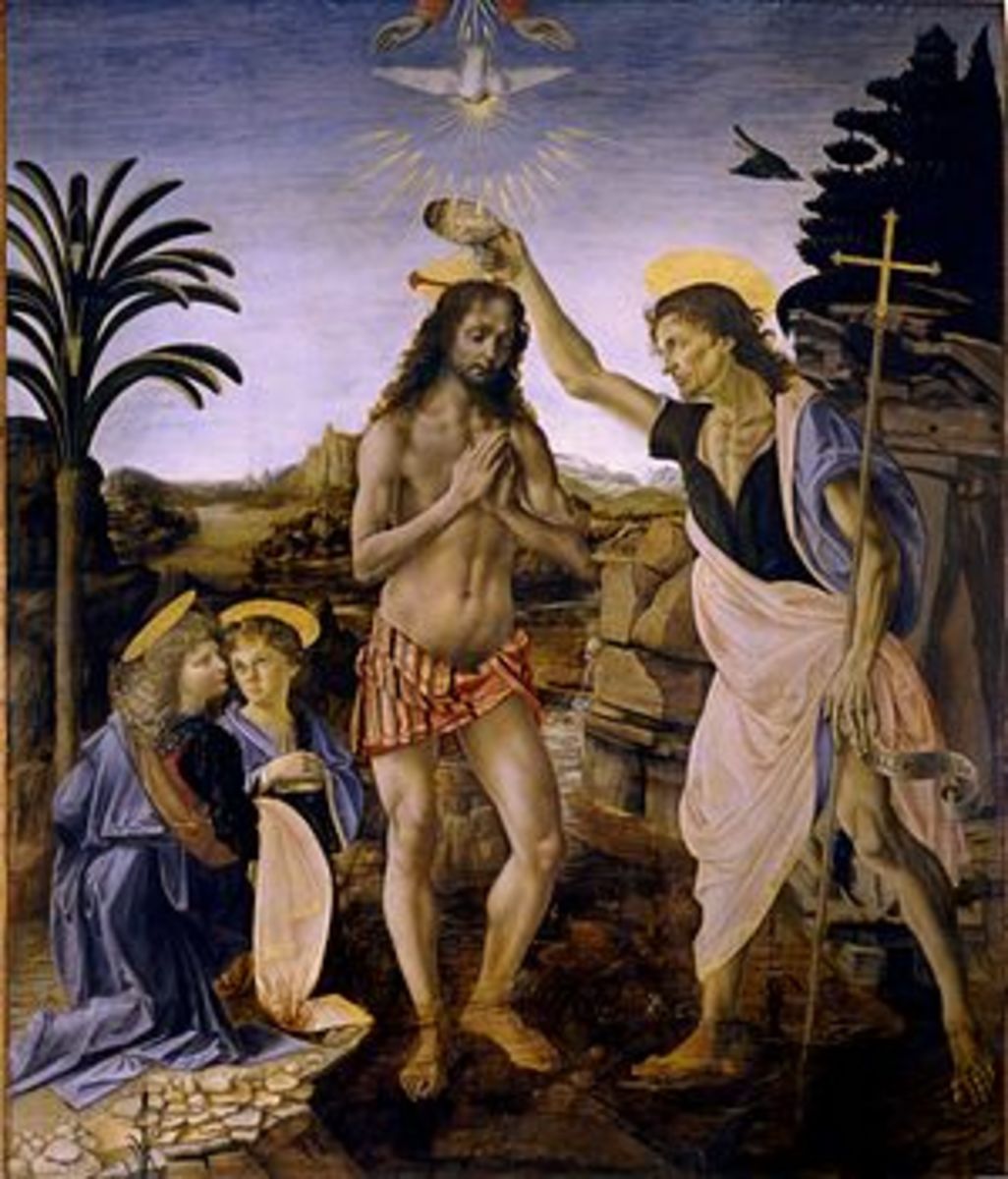 "The Baptism of Christ", a collaboration between painter Andrea del Verrocchio and a young Leonardo de Vinci, generally believed to have been completed around the year 1475 