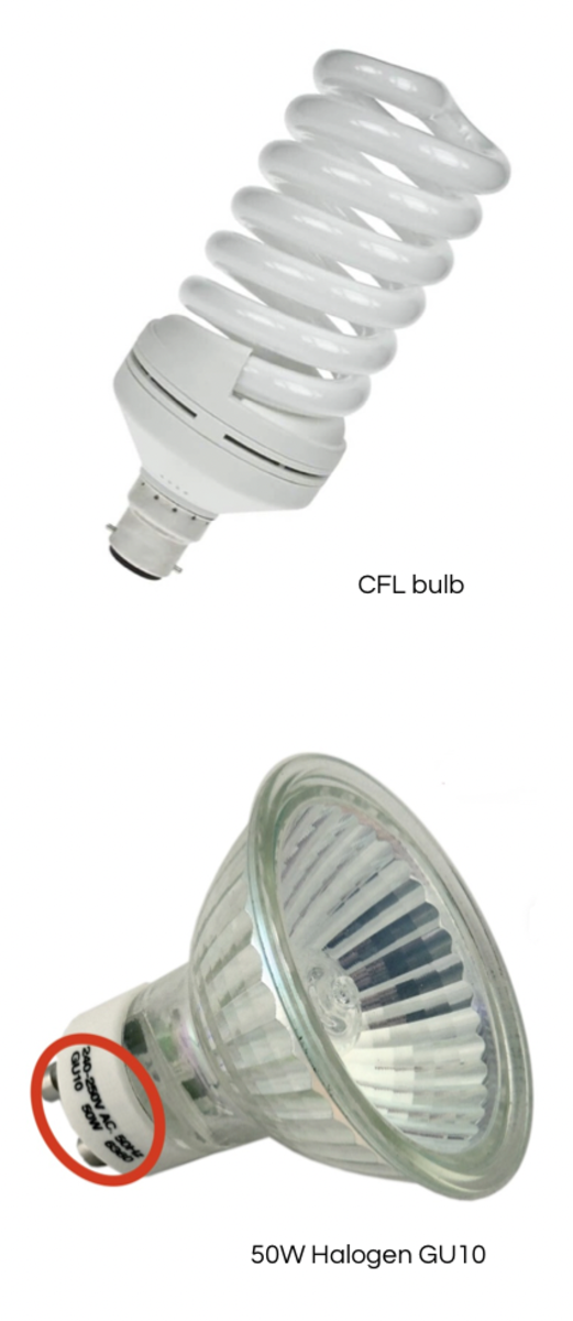 How to identify a CFL bulb, and where to look on a halogen bulb for the wattage.