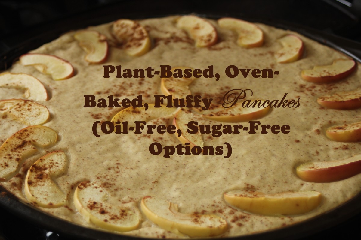 Vegan, oven-baked, fluffy pancake with apple, cinnamon topping