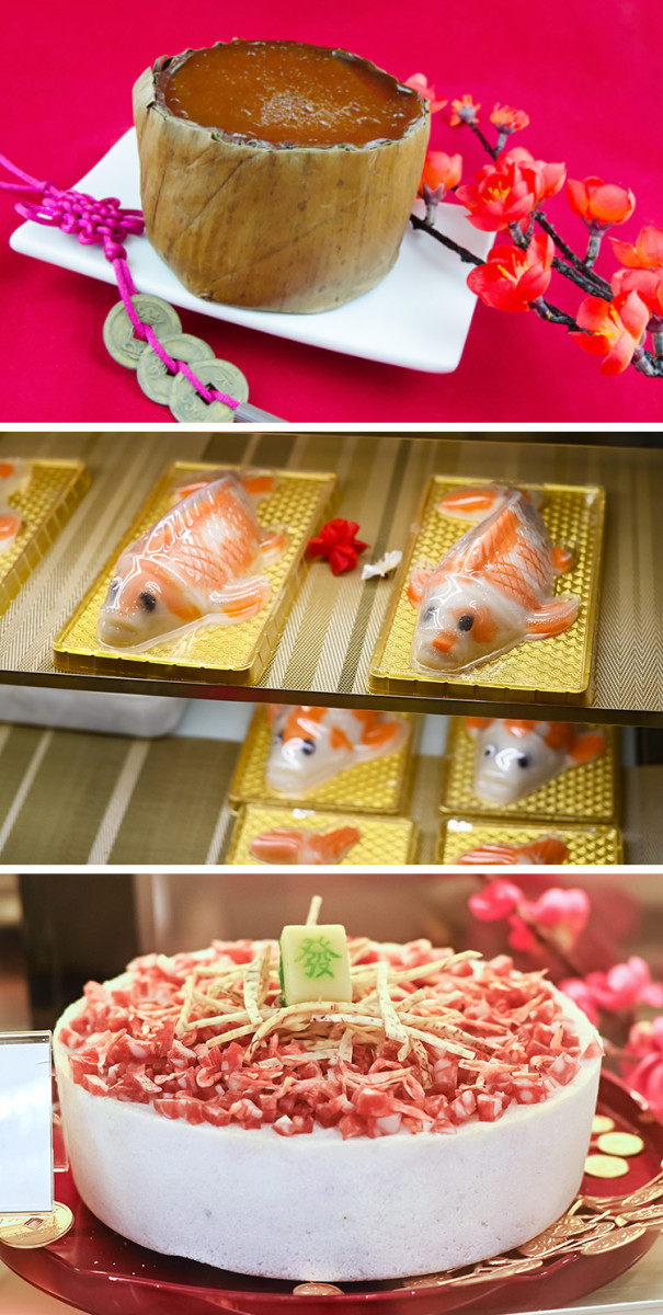 From top to bottom: Traditional nian gao, carp nian gao, and festive “good luck” radish cake.