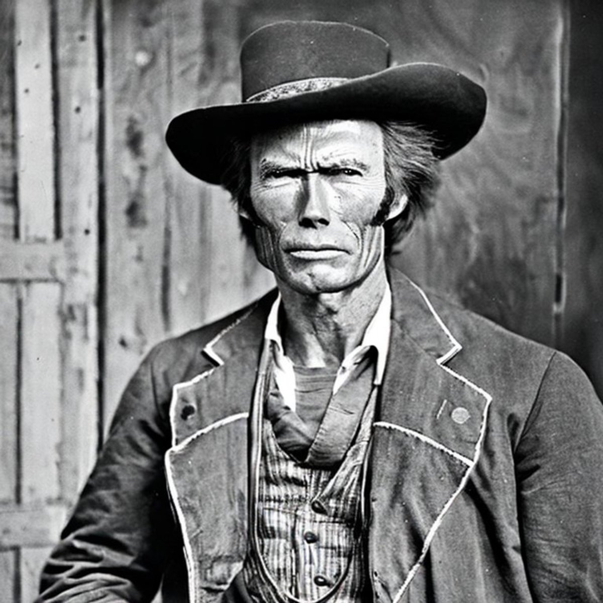 AI image, old photo of Clint Eastwood dressed as a cowboy.