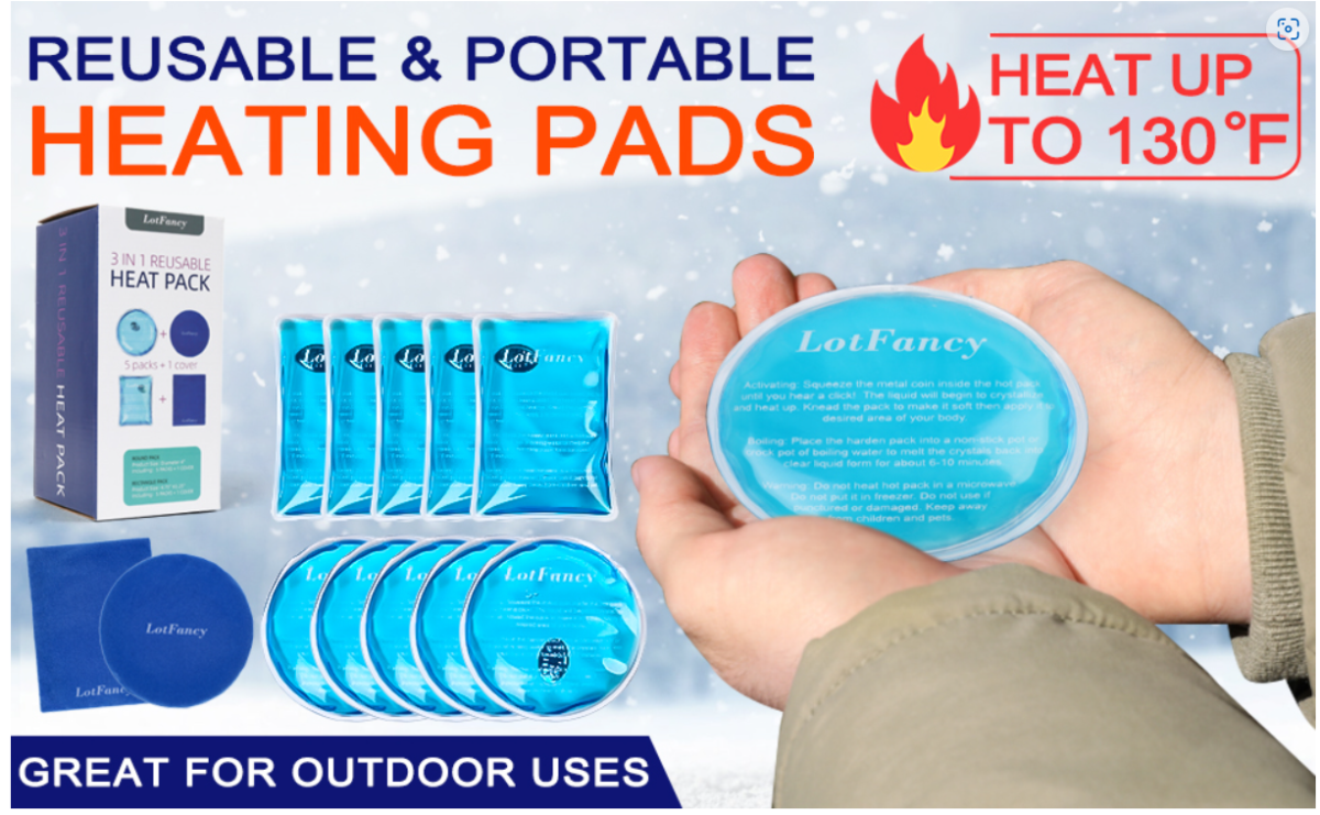 A reusable handwarmer. Click to activate, no microwave or boiling water needed. The gel packs are composed of water and sodium acetate (vinegar and baking soda).