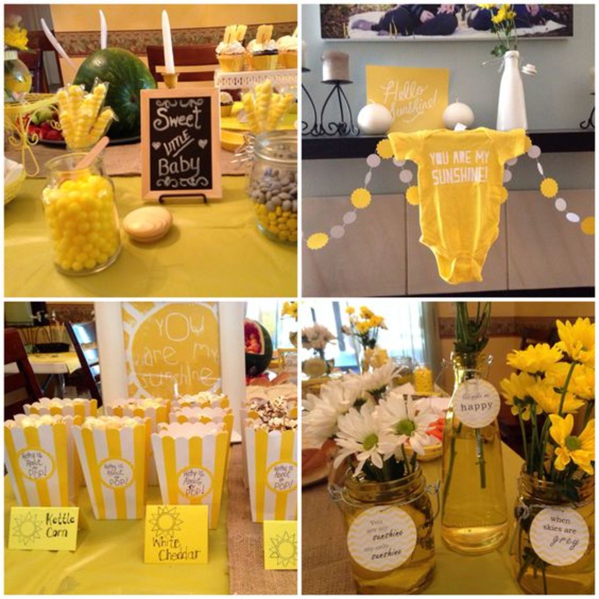 You Are My Sunshine baby shower, yellow and gray, popcorn, candy bar, daisies
