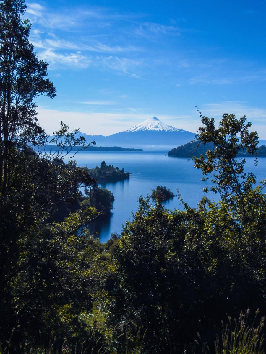 A picture of Llanquihue Lake and the Osorno Volcano in Chile. Location: Frutillar, Los Lagos, Chile. 