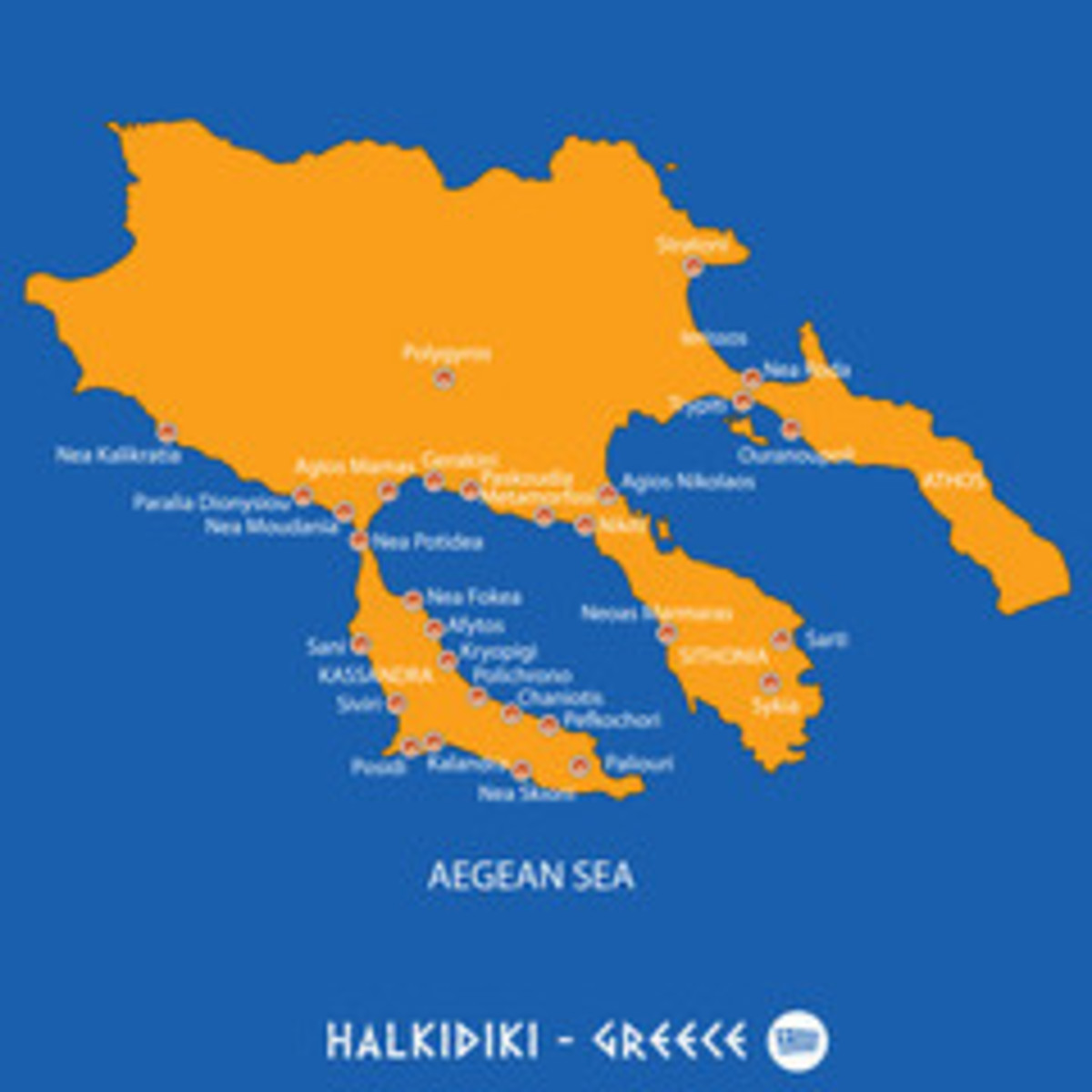 Peninsula of Halkidiki in Greece orange map and blue background