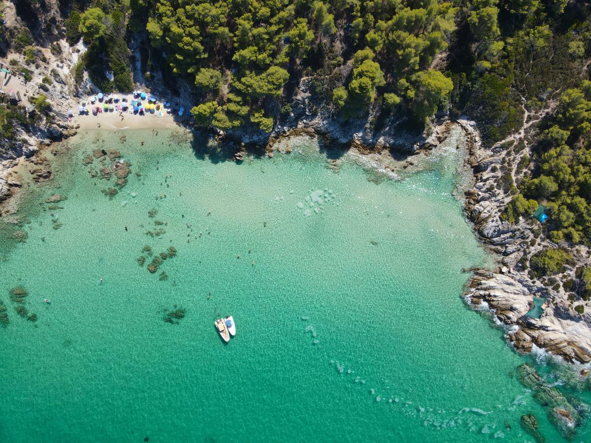 A view from above at the majestic beach of Kavourotrypes, located in Sithonia, Halkidiki, Greece.
