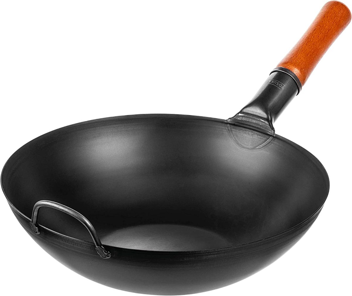 Craft Wok Flat Hand Hammered Carbon Steel Pow Wok with Wooden and Steel Helper Handle (14 inch, Flat Bottom) 731W316