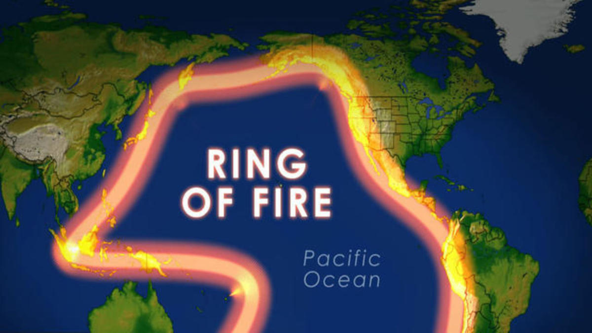 WEfacts: The Ring of Fire, also referred to as the Circum-Pacific Belt, is  a path along the Pacific Ocean characterized by active volcanoes and  frequent earthquakes. Its length is approximately 40,000 kilometers.