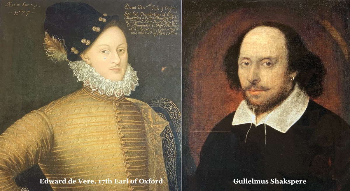 On the left, Edward de Vere, who, according to recent scholarship, used "William Shakespeare" as a nom de plume. On the right, the virtually illiterate Gulielmus Shakspere, the traditional "Shakespeare," who allegedly could barely write his name.