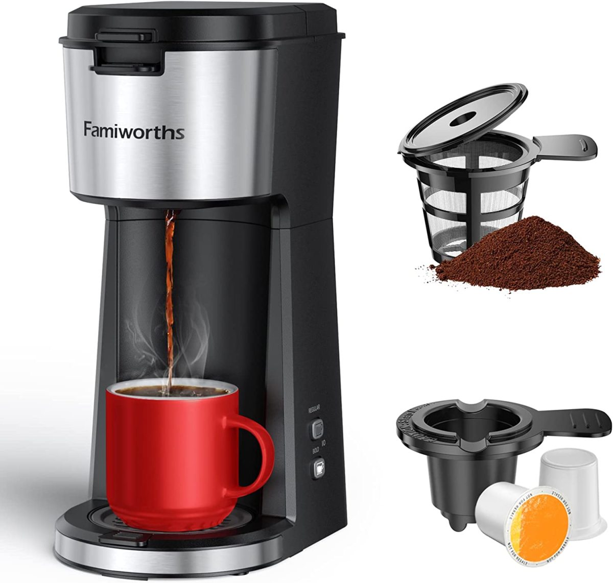 The Famiworths maker is designed for use with K Cup and ground coffee