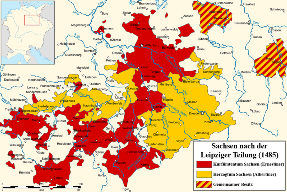 Frederick II of Saxony's 1485 Treaty of Leipzig split his lands between his sons Ernest and Albert. The Ernestine line was superior to the Albertine line.
