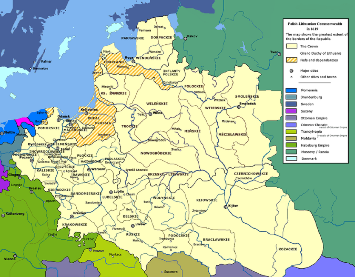 The Commonwealth of Poland-Lithuania in 1619 when it was at its largest. 