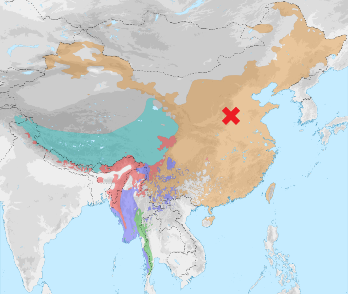 The major branches of Sino-Tibetan (described below) and their likely origin (cross).