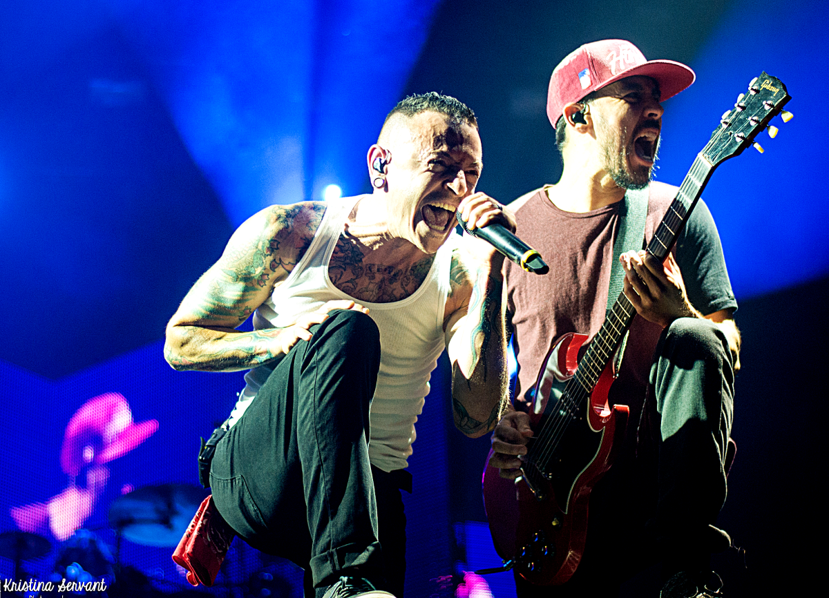 Chester Bennington (singing) and Mike Shinoda of Linkin Park performing in Montreal on August 23, 2014.