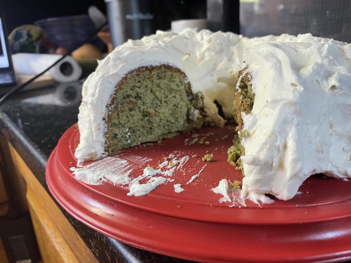 Matcha Angel Food Cake With Peach Whipped Cream Topping