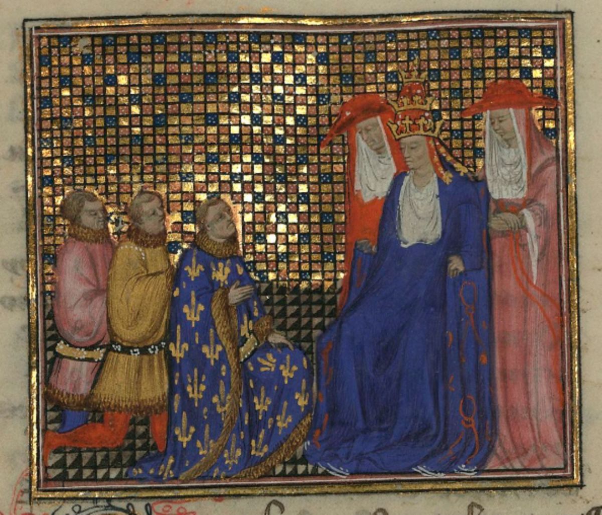 Pope/Antipope Clement VII, right and seated. The Duke of Anjou in blue and gold is having an audience with the Avignon based pope.