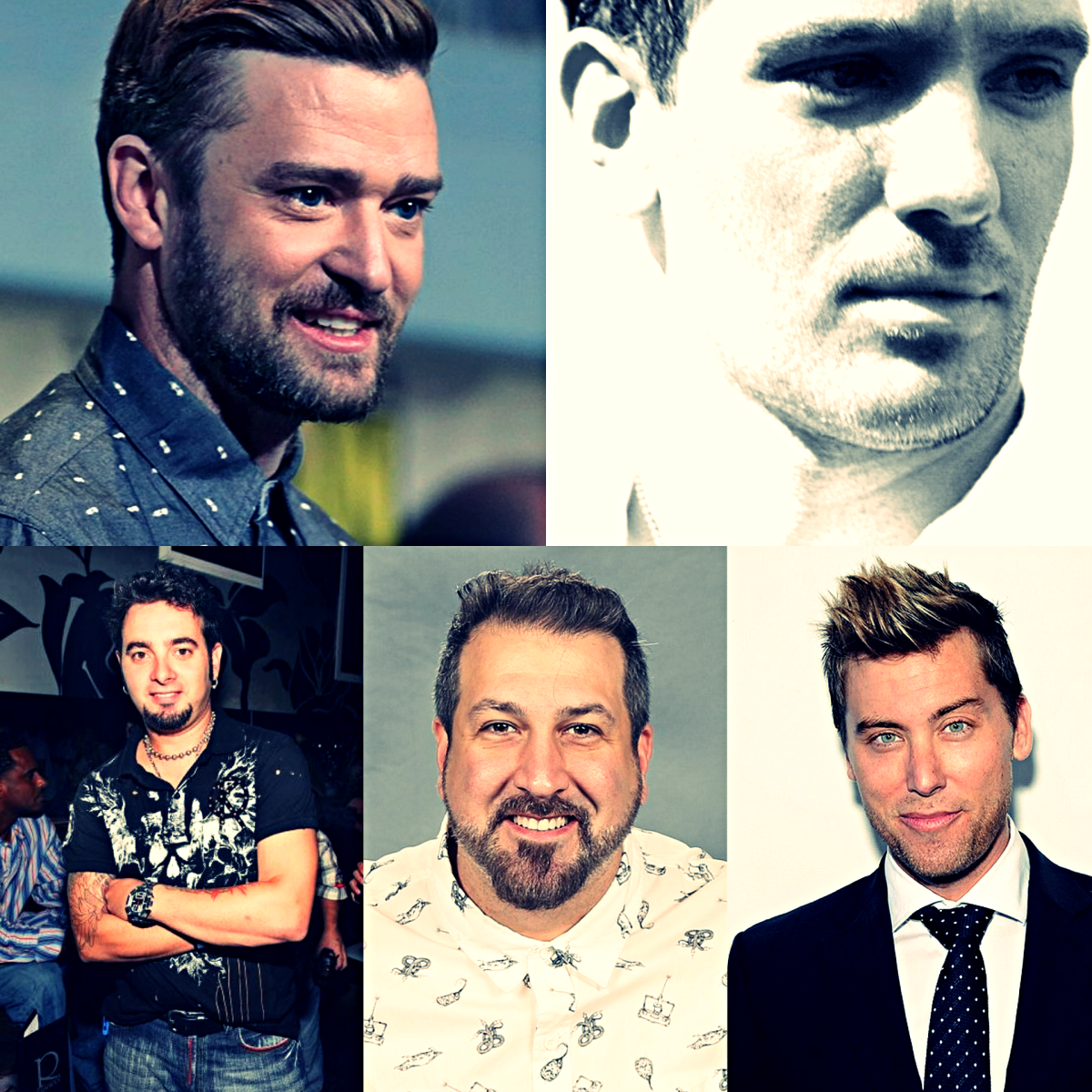 Collage of latter-day *NSYNC. Clockwise from top left: Justin Timberlake, JC Chasez, Lance Bass, Joey Fatone, and Chris Kirkpatrick