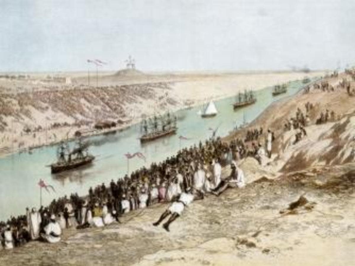 The Suez Canal, opened in 1869.