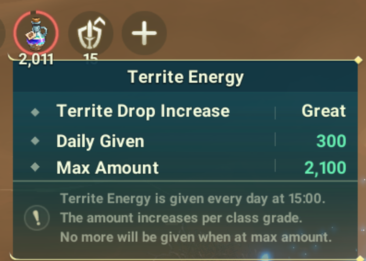 Tapping, or clicking, on the Territe Energy icon will show the drop rate, daily given, max amount, and daily timer.