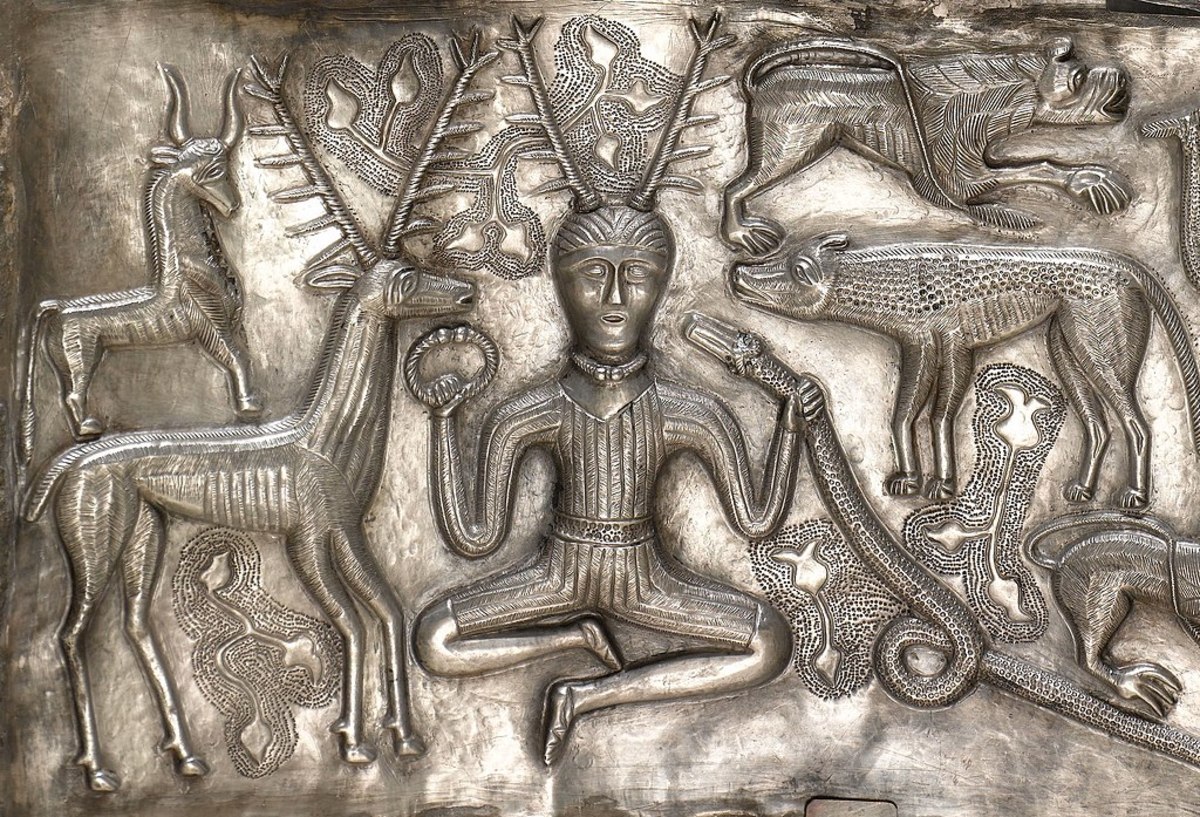Depiction of Cernunnos on the Gundestrup Cauldron. Currently on display at the National Museum of Denmark.