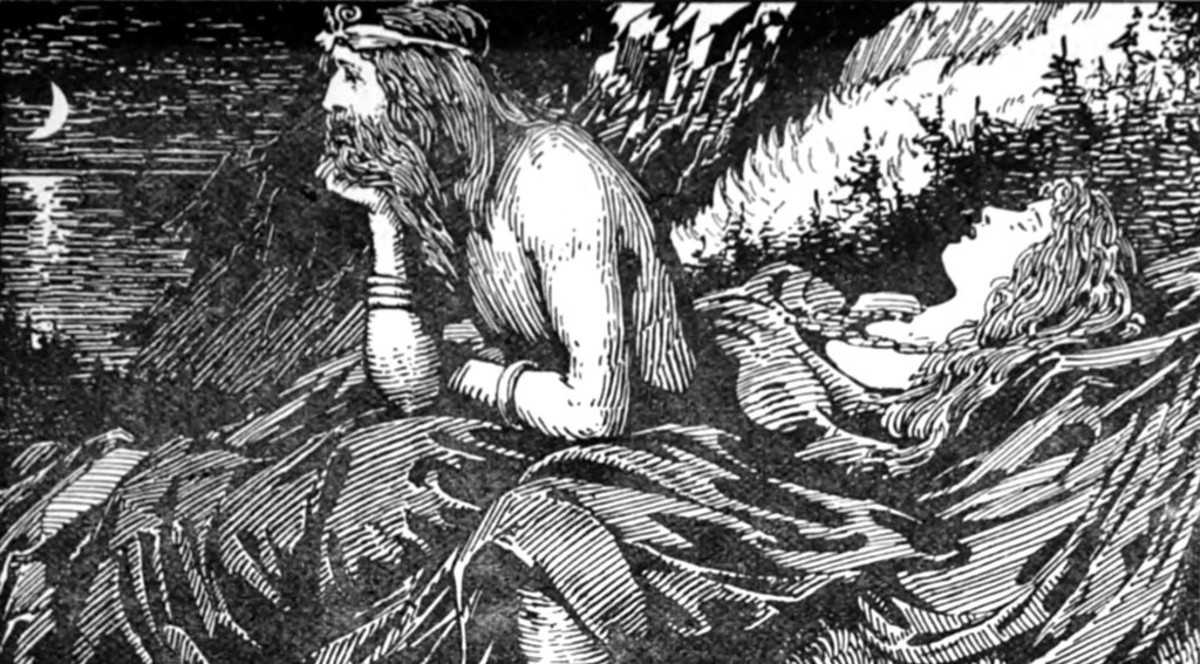 Njǫrd as imagined by English artist, W. G. Collingwood. Wealthy as he might be, Njǫrd’s marriage to the giantess Skadi was described as unhappy.