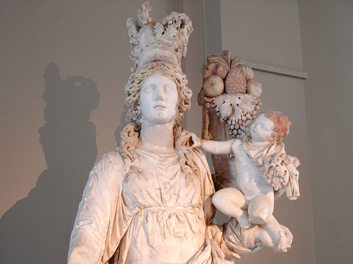 An infant Plutus with the Roman Fortune Goddess, Tyche.