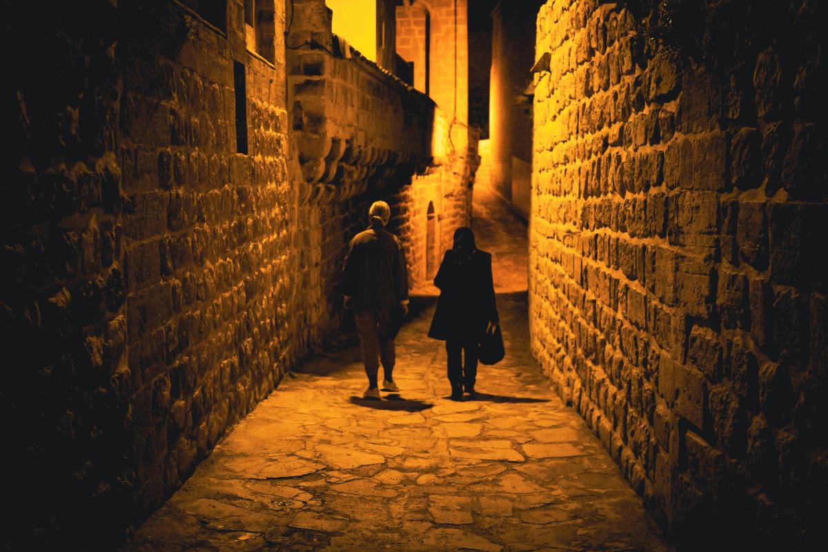 Walking around an old city at night.