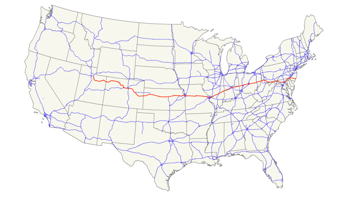 The red line indicates US Highway 40 which goes through 12 states. This article touches on a few stops during the first part of the route when heading east to west. 