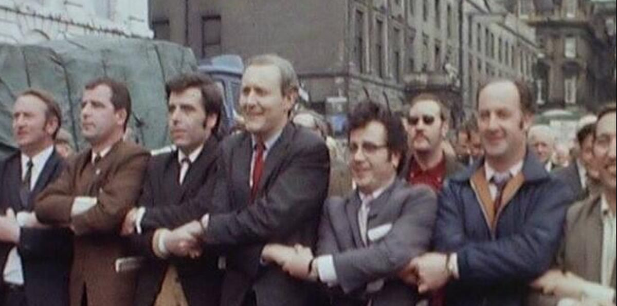 MP Tony Benn with Jimmy Reid, Jimmy Airlie, Sammy Gilmore, and Sammy Barr. Glasgow, 1971.