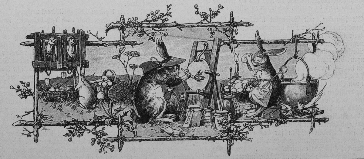 A drawing of Easter bunnies hard at work decorating their eggs – Die Gartenlaube (1895).