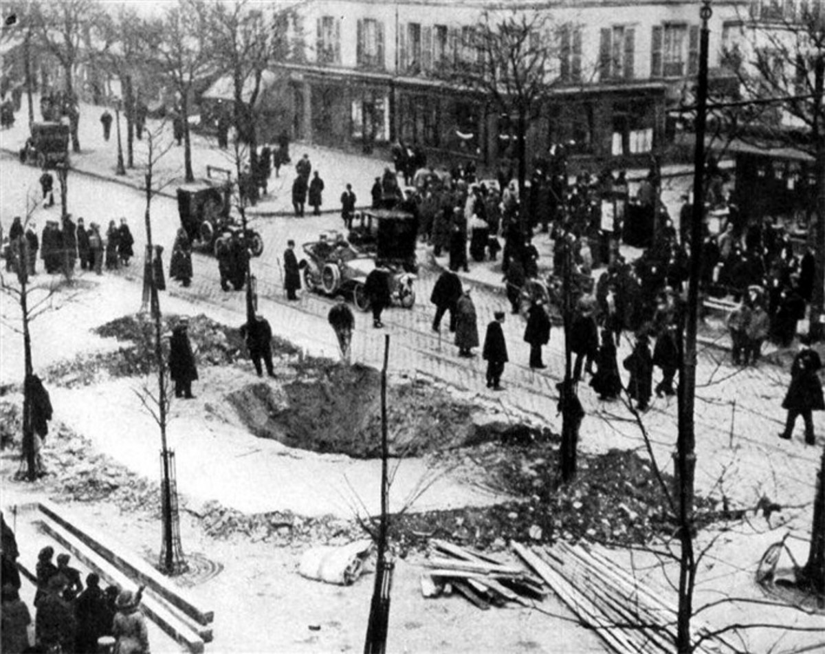 A bomb crater in Paris. The French had an ambitious plan to build a fake Paris to misdirect German bombs.