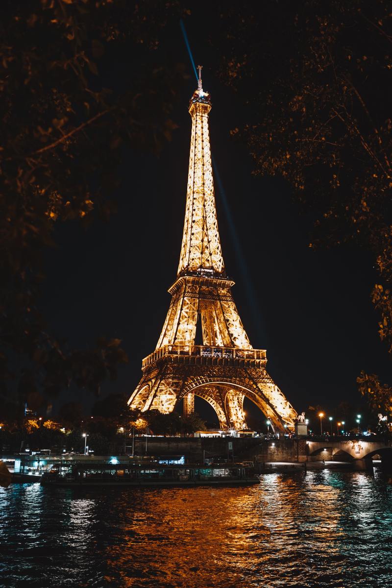 Eiffel Tower lit up in Paris, France