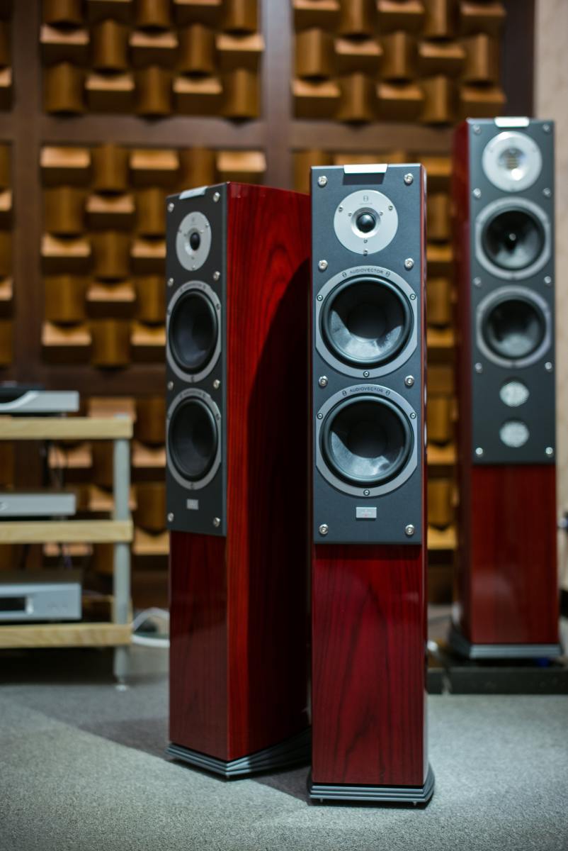 Tower speakers complete the home theater experience.