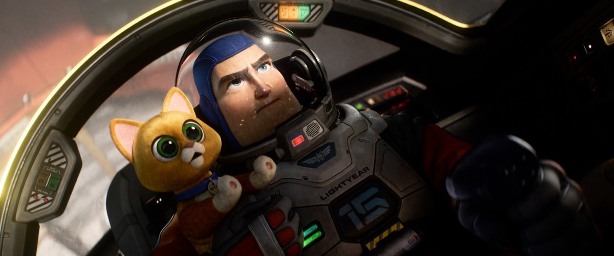 Buzz Lightyear (Chris Evans) and his robot feline companion Sox (Peter Sohn) in "Lightyear."