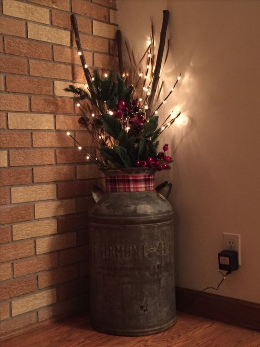 Milk Can With Berries, Branches, and Plaid Ribbon