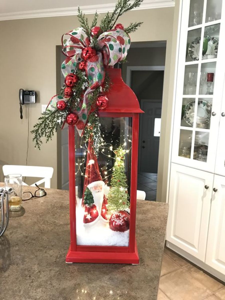 Tall Red Lantern With Santa and Tree