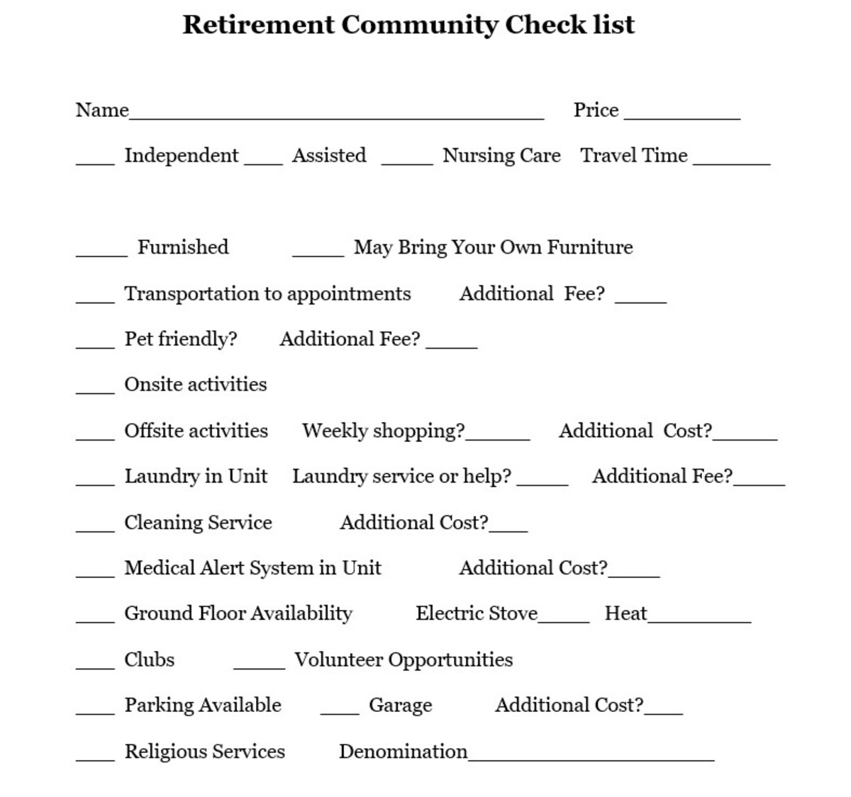 Retirement Community Check List