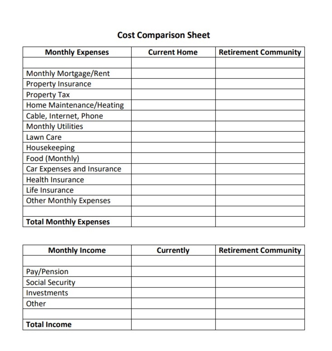 Cost Comparison Sheet