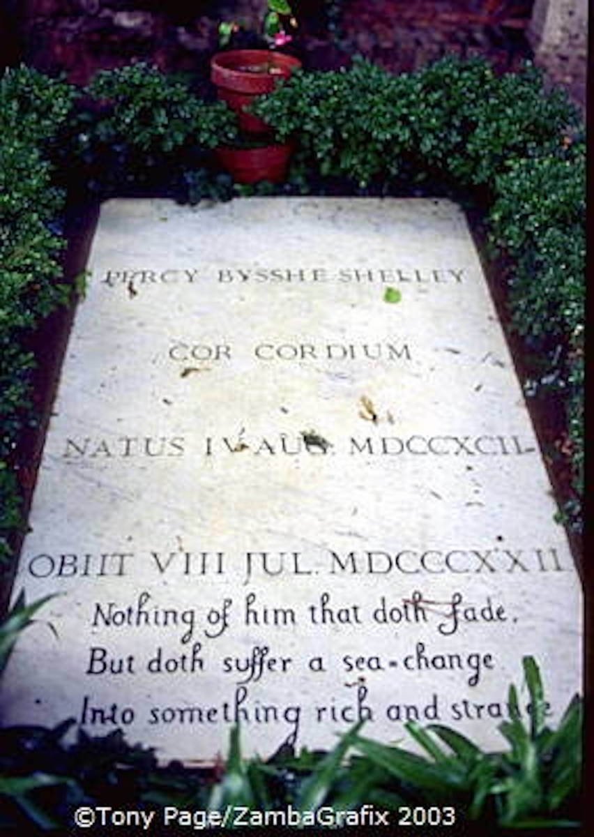 Grave of Percy Bysshe Shelley in the Protestant Cemetery (Cimitero Acattolico) in Rome.