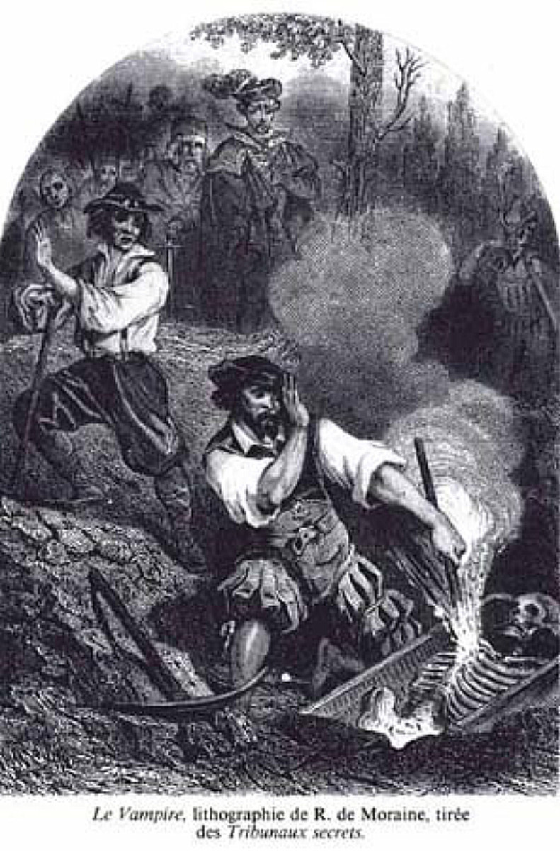 Villagers burn the exhumed body of a person believed to be a vampire. The association between vampires and werewolves goes back a long way.